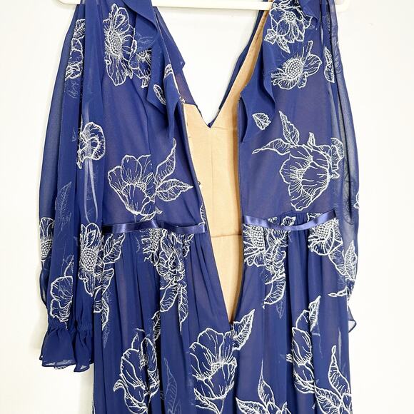 Marchesa Notte Floral Midi Dress Embroidered Long-Sleeve Tulle Navy Blue Size 6 - Picture 8 of 11